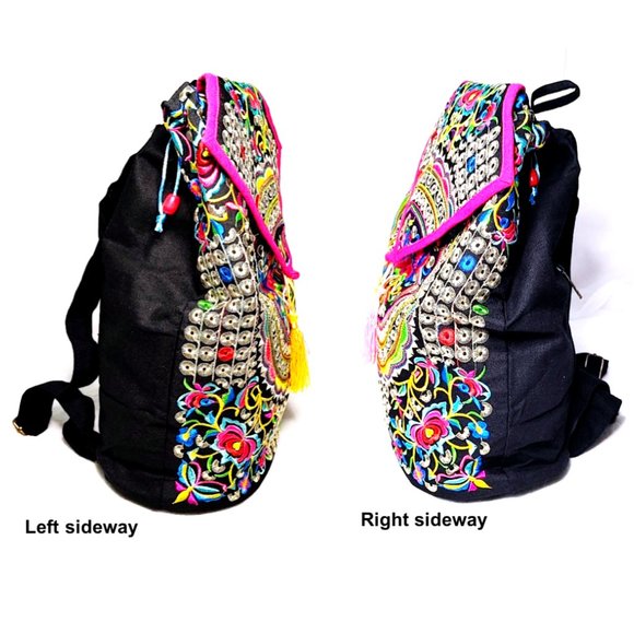 Embroidery Black Backpack Red Blue Boho Geometric Shapes FloralBird Shoulder Bag - Picture 4 of 12